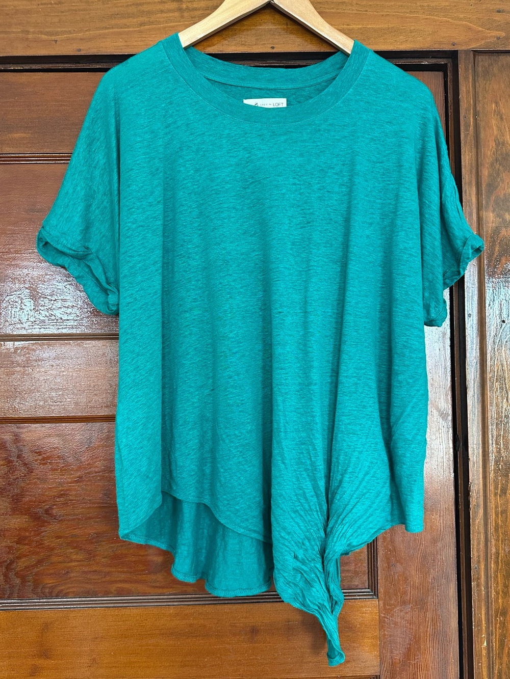 Lou & Grey Linen Asymmetric Hem Front Knot Tee Top Teal XL Coastal Breathable